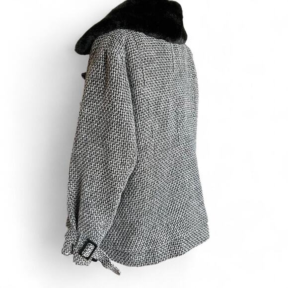 Grey & Black Tweed Peacoat Coat With Removable Faux Fur Collar - Picture 3 of 8